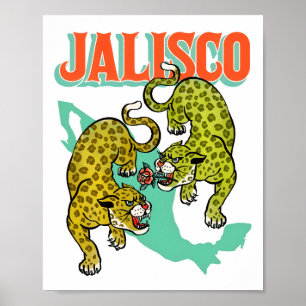 Affiche Jalisco Mexico, Retro Travel Poster, Jaguar Art
