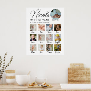 Affiche Jalon Bébé Première année 12 mois Collage photo