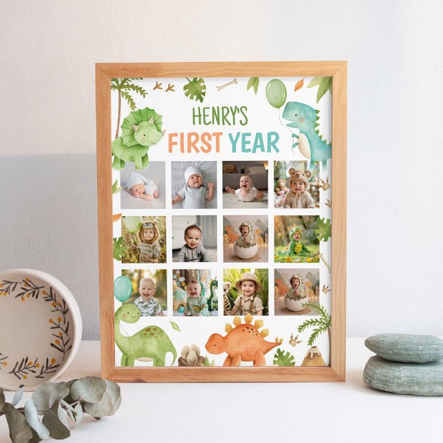 Affiche Jalon de photo d'anniversaire de dinosaure mignon  (Créateur téléchargé)