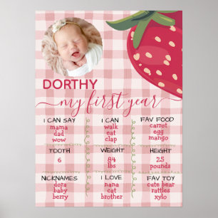 Affiche Jalon de premier anniversaire fraise en vichy rose