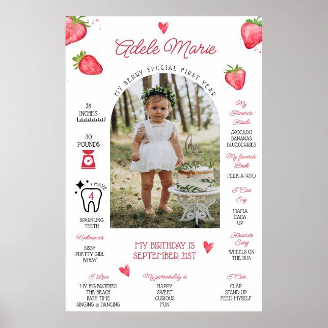 Affiche Jalon de premier anniversaire photo de fraise (Devant)