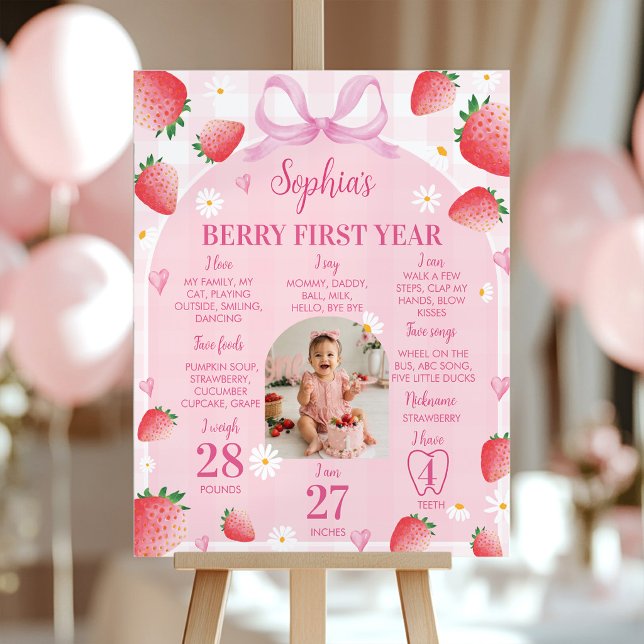 Affiche Jalon de première photo d'anniversaire de fraise (Créateur téléchargé)