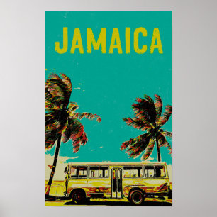 Affiche Jamaïque, bus et palmiers carte postale