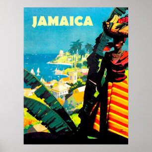 Affiche Jamaïque, femme jamaïcaine avec un panier de fruit