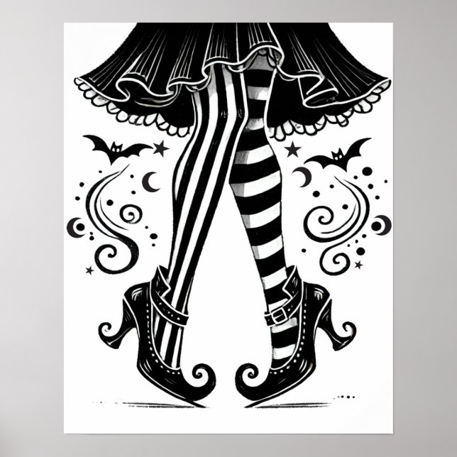Affiche Jambes de Sorcière Noir & Blanc Fantaisie Hallowee (Devant)