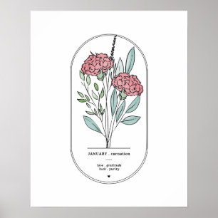 Affiche Janvier Carnation Fleur de naissance Imprimer