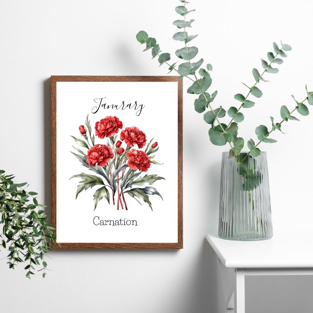 Affiche Janvier Mois de naissance Fleur Carnation Annivers (January Red Carnation Birth Month Flower Poster Print Wall Art. Personalize it)