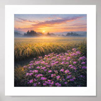 Affiche Japan’s Autumn Rice Fields at Sunrise – Art Print
