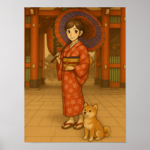Affiche Japan Stroll - Kimono Girl and Shiba dog Art