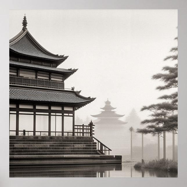 AFFICHE JAPANDI ART VINTAGE VILLAGE SCÉNARIO BLACK WHITE (Devant)