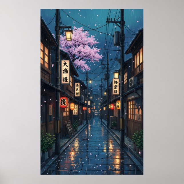 Affiche Japanese Alley Rain Night Cozy Anime Blossom urban (Devant)