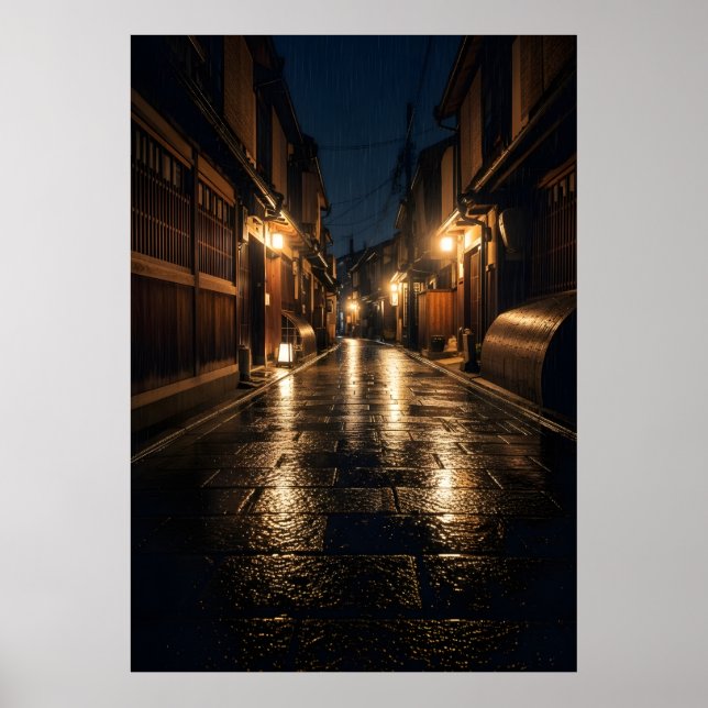 Affiche Japanese Alley Rain Night Photography Kyoto Street (Devant)