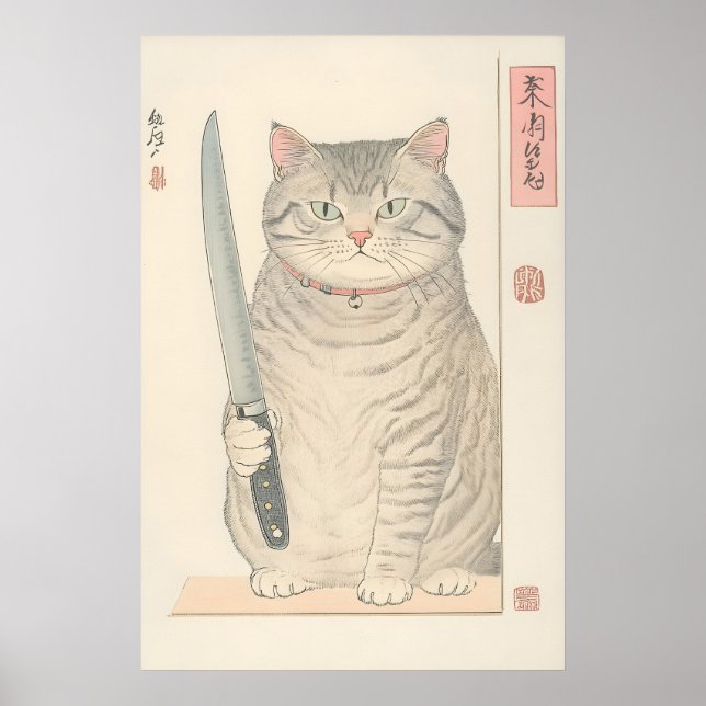 Affiche Japanese Cat Print Funny Tabby Cat with Knife (Devant)