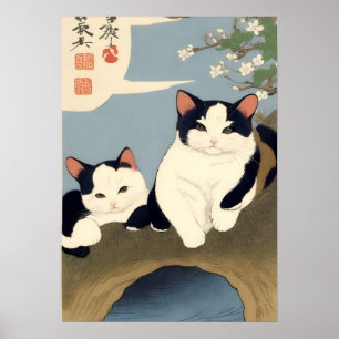Affiche Japanese Cats Blossom Tree Wall Art