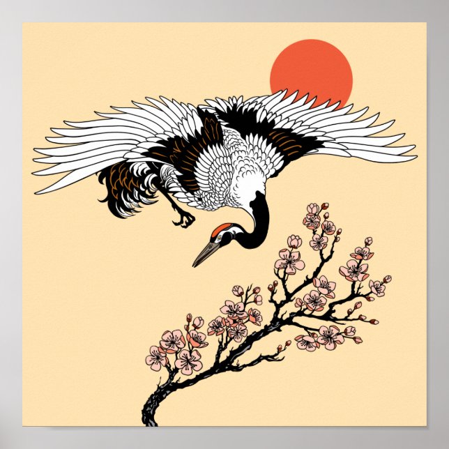 Affiche Japanese crane bird and blooming sakura (Devant)