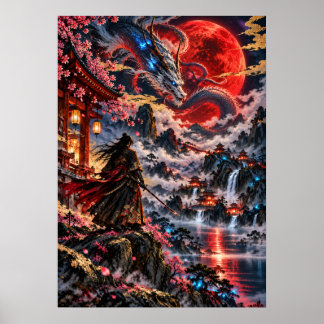 Affiche Japanese Dragon Samurai Red Moon Fantasy Art