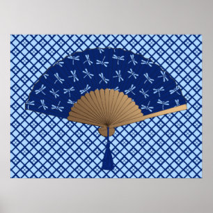 Affiche Japanese Fan, Dragonfly Pattern, Cobalt Blue