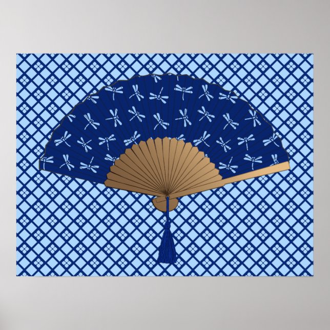 Affiche Japanese Fan, Dragonfly Pattern, Cobalt Blue (Devant)