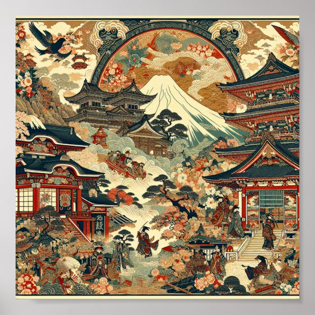 Affiche Japanese Landscape Mt Fuji Temples Cherry Blossoms (Devant)