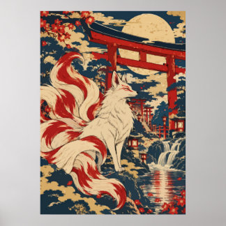 Affiche Japanese Nine Tailed Fox Kitsune Shrine Moon Art