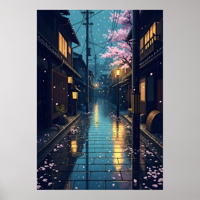 Affiche Japanese Rainy Cozy Cherry Blossom Street Anime (Devant)