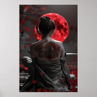 Affiche Japanese samurai woman with tattoo under full moon