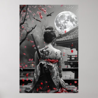 Affiche Japanese samurai woman with tattoo under full moon