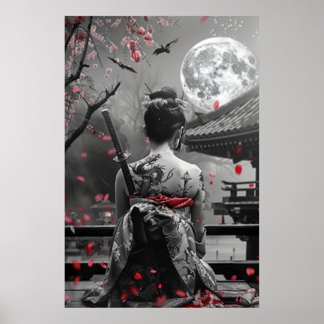 Affiche Japanese samurai woman with tattoo under full moon (Devant)