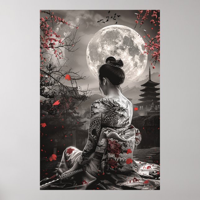 Affiche Japanese samurai woman with tattoo under full moon (Devant)