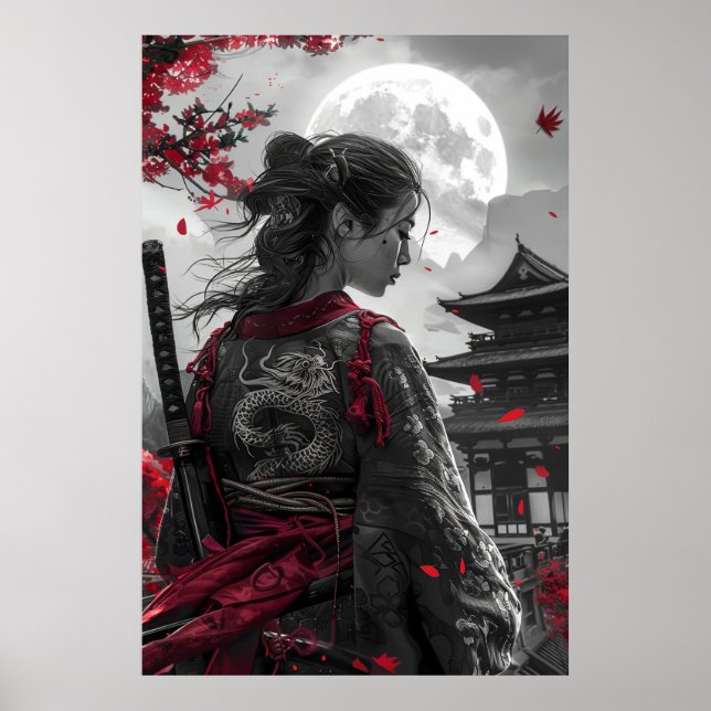 Affiche Japanese samurai woman with tattoo under full moon (Devant)