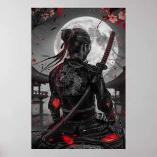 Affiche Japanese samurai woman with tattoo under full moon