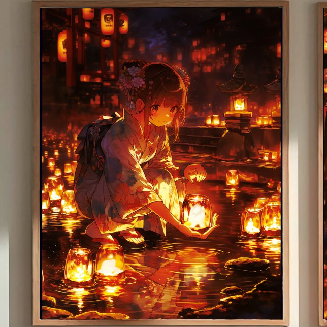 Affiche Japanese Yukata Girl, Floating Lanterns (This image shows the product with a frame attached; the frame is not included.)