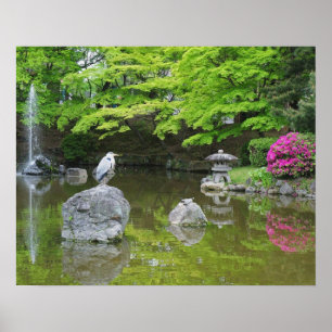 Affiche Japon, Kyoto. Héron en feuilles verts frais