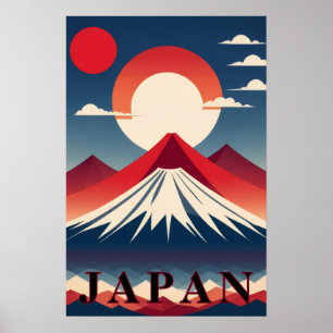 Affiche Japon Mont Fuji Géométrique Voyage Soleil Rouge