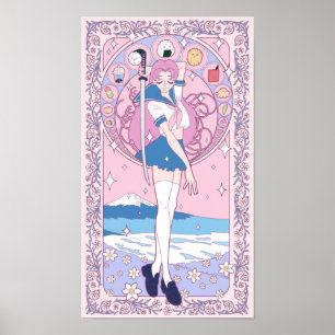 Affiche Japon Rose Anime Schogirl Art Nouveau