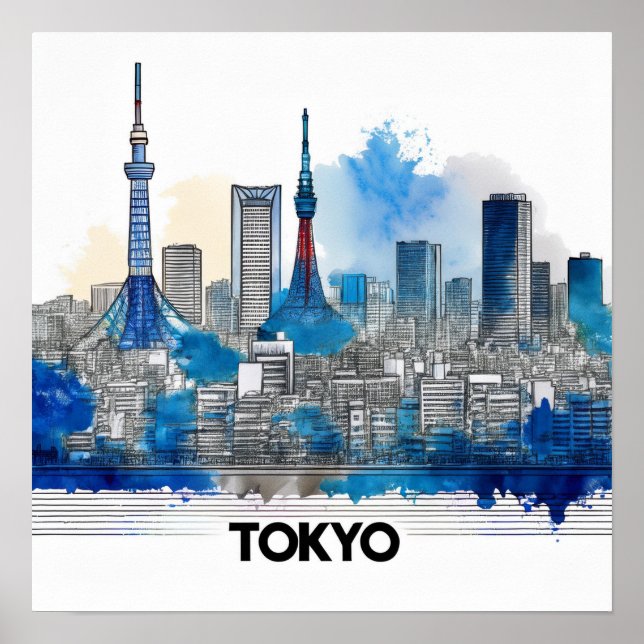 Affiche Japon Tokyo Skyline - Aquarelle Tokyo Skyline (Devant)