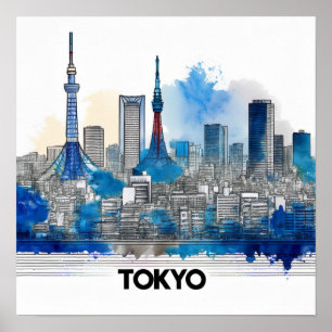 Affiche Japon Tokyo Skyline - Tokyo Skyline à l'aquarelle