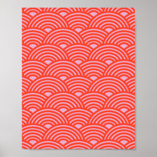Affiche Japon Vague Seigaiha Motif rose rouge