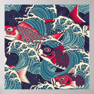 Affiche Japonais coloré Koi/carpe poisson dans la soudure