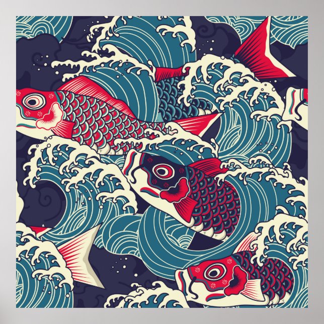 Affiche Japonais coloré Koi/carpe poisson dans la soudure  (Devant)
