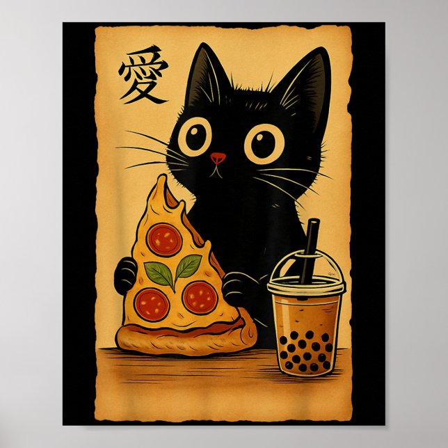 Affiche Japonais Kawaii Anime Chat Pizza A Tea Cat Manger  (Devant)