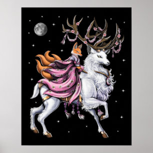 Affiche Japonais Kitsune Fox équitation Cerise Blossom Dee