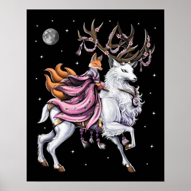 Affiche Japonais Kitsune Fox équitation Cerise Blossom Dee (Devant)