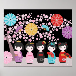 Affiche Japonais Kokeshi Dolls Noir