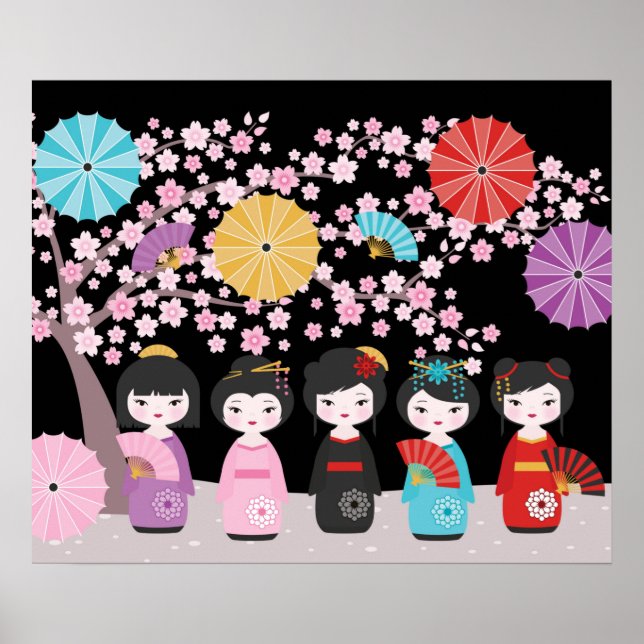 Affiche Japonais Kokeshi Dolls Noir (Devant)