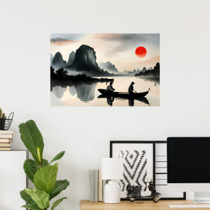 Affiche Japonais naviguant Bateau Soirée Rivière Paysage