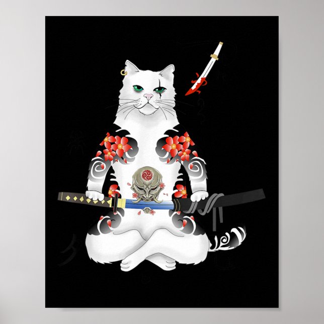 Affiche Japonais Samurai Chat Katana Ninja Yakuza Tattoo (Devant)