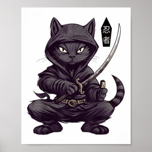 Affiche Japonais Samurai Chat Noir Tattoo, Kawaii Ninja Bl
