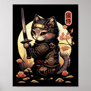 Affiche Japonais Samurai Chat Tattoo, Kawaii Ninja Chat
