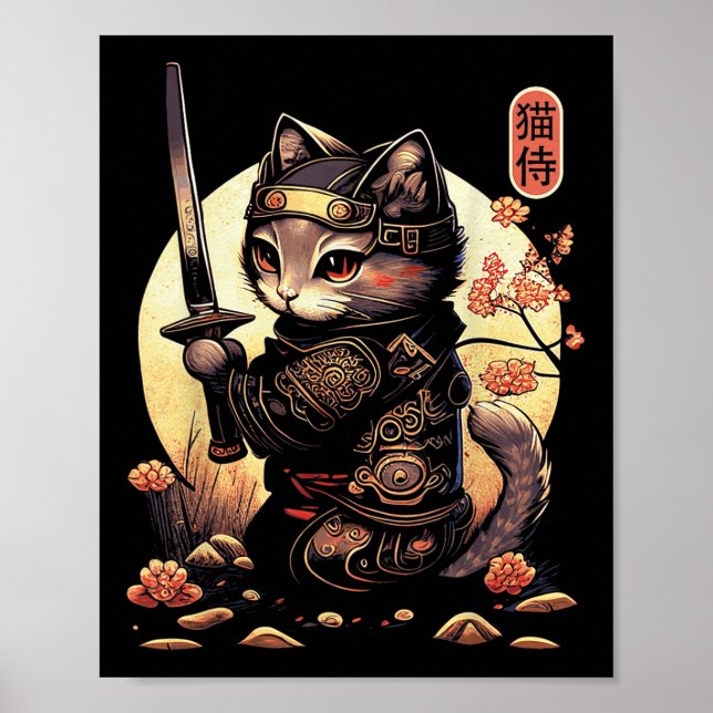 Affiche Japonais Samurai Chat Tattoo, Kawaii Ninja Chat (Devant)